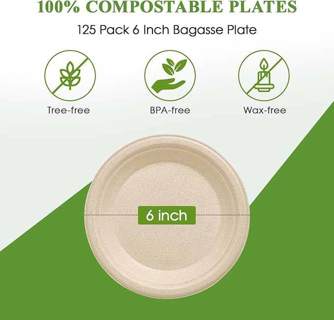 Vplus 125 Pack 6 inch Paper Plates 100% Compostable, Heavy-Duty Disposable Paper Plates Bagasse Natural Biodegradable Eco-Friendly Sugarcane(Nature)