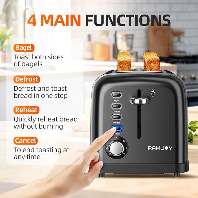 Black Toaster 2 Slice, Extra Wide Slot Toaster for Bagels, Bread, Waffles, 7 Shade Settings, 4 Main Functions, Removable Crumb Tray, 900 Watts Toasters, Black Stainless Steel