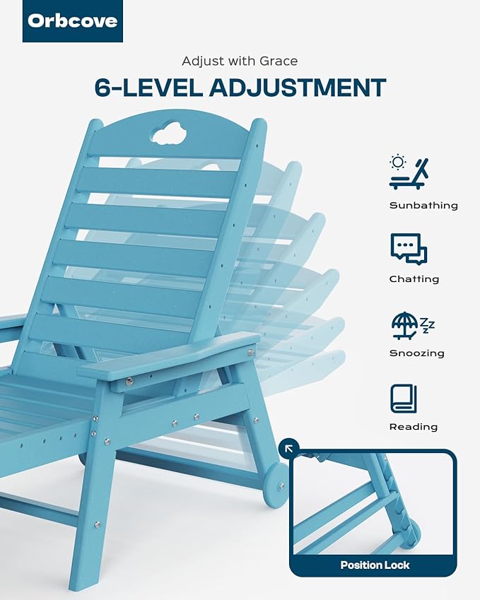 Oversized Chaise Lounge Chair Outdoor with Wheels & Cup Holder, 6-Position Adjustable HDPE Patio Lounge Chair for Poolside, Garden, Deck & Lawn (Light Blue, 2-Piece)