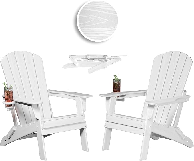Folding Adirondack Chair, SGS Tested, Wooden Textured with Cup Holder, Heavy All-Weather HDPE Comfortable Set Poolside Backyard Lawn White Set 2