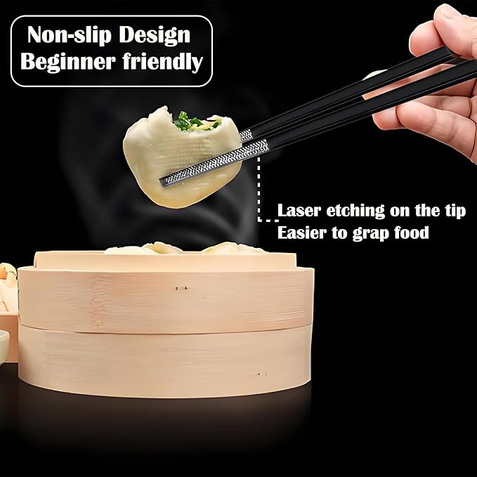 Metal Chopsticks Reusable 1 Pair Stainless Steel Travel Chopsticks Dishwasher Safe Square Lightweight Non-Slip Chop Sticks with case (Black)