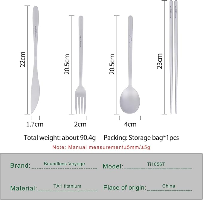 Boundless Voyage Titanium Cutlery Set Portable Camping Tableware Chopsticks Knife Fork Spoon Set for Home Travel (4 PCS SET)