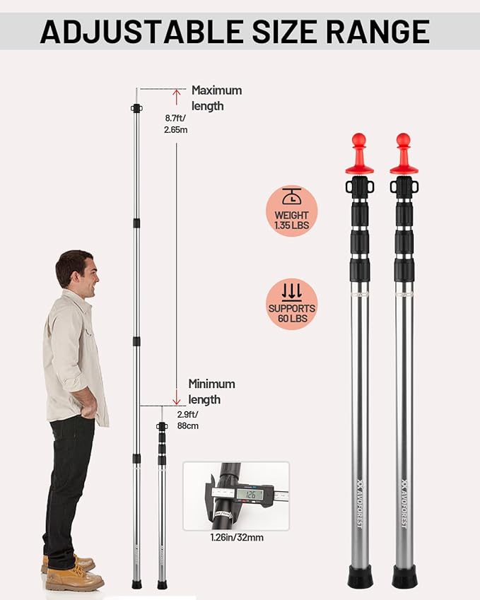 Tarp Poles Heavy Duty Adjustable, AVOFOREST Aviation Aluminum 8.7FT Tent Poles Lengthen and Thicken with Protection Cap Awning Poles Set of 4 for Hiking Silver