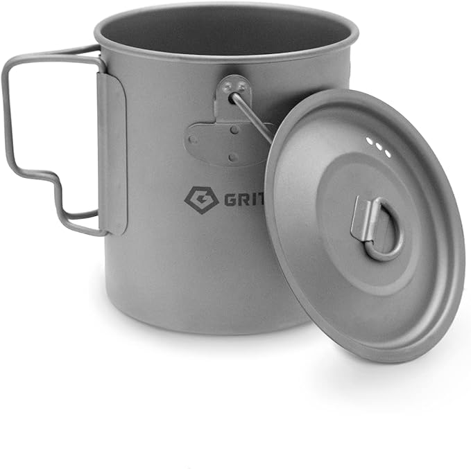 GRITR Titanium Mug, 15.2 fl oz / 25.4 fl oz | Camping, Backpacking, Picnic, Hiking, Travel, Outdoor Cooking Gear w/Lid & Folding Handles | Ultralight Multi-Purpose Metal Cup for Water, Coffee, Tea