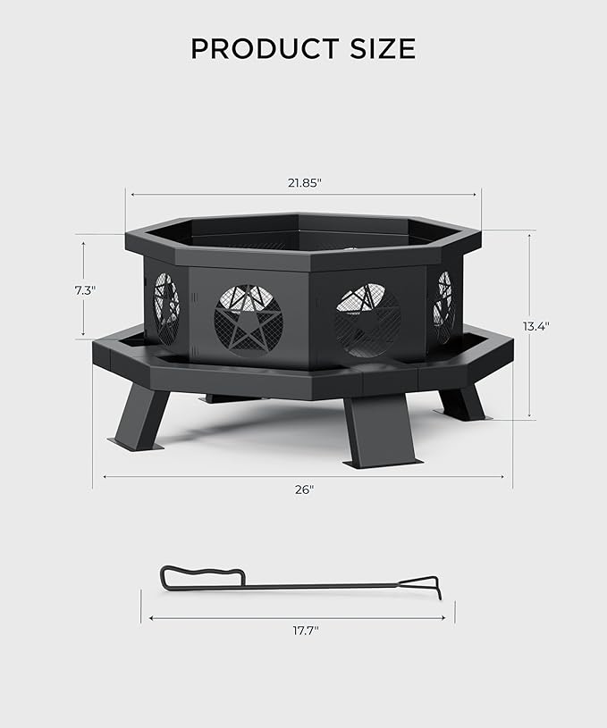 26 inch Fire Pit, Outdoor Fire Pit with Fire Poker, Octagonal Firepits for Outside Fire Pits & Outdoor Fireplaces Heavy Duty Steel Wood Burning Firepit for Bonfire, Camping, Backyard, Patio, Picnic