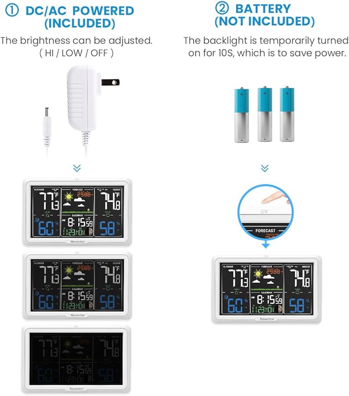 Newentor Weather Station Wireless Indoor Outdoor, 7.5in Display Atomic Clock, Inside Outside Thermometer and Hygrometer with Weather Alert, Barometer and Weather Forecast, Time and Calendar, White