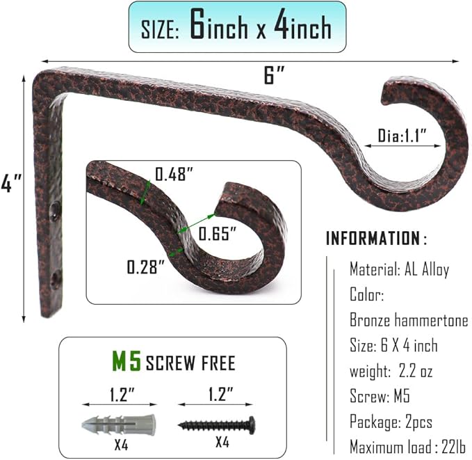 Hanging Plant Bracket 6inch Metal Plant Hook Shepherds Hook Decorative Wall Plant Hanger for Hanging Lanterns, Bird Feeder, Flower Basket Indoor & Outdoor (2, Bronze hammertone)