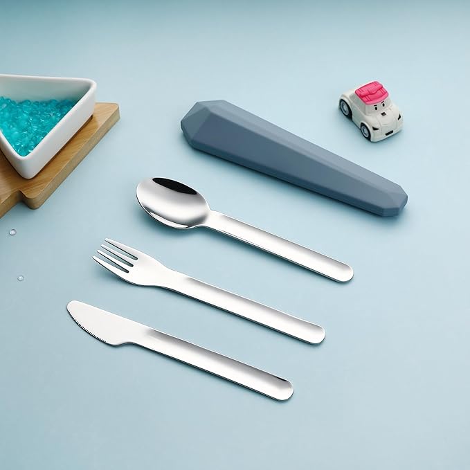 DEVICO Travel Utensils with Case, Reusable Camping Silverware Cutlery, 18/8 Stainless Steel Portable Fork Spoon Knife Set for Lunch Picnic School Workplace (Blue)