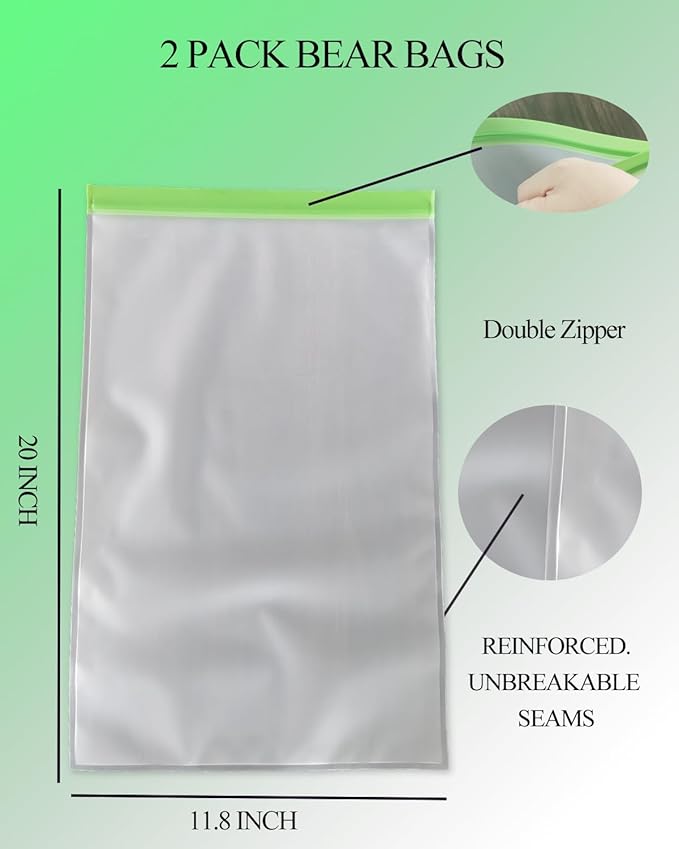 HEAVY DUTY Odor Proof Storage Bags-12ｘ20 Inch Bear bags for Food Backpacking,Reusable Double-Tracked Ziplock Bags for Food Storage fit Camping, Hiking, Water Sports and Home Organization-2 pack