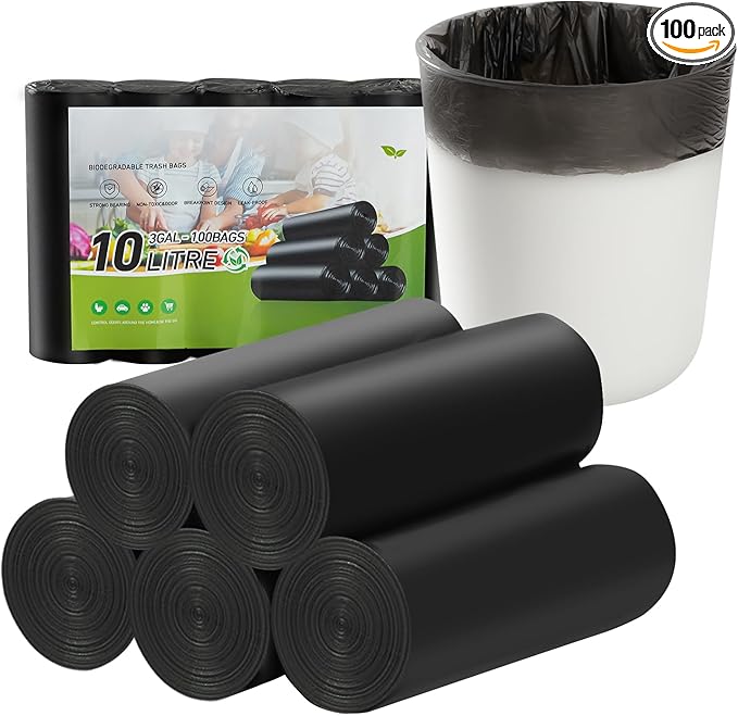 3 Gallon Small Trash Bags 100 Count Biodegradable Mini Garbage Bags Leakproof & Tear Resistant Trash Can Bin Liners Fit Bathroom, Office, Car, Diaper Pail Unscented Black