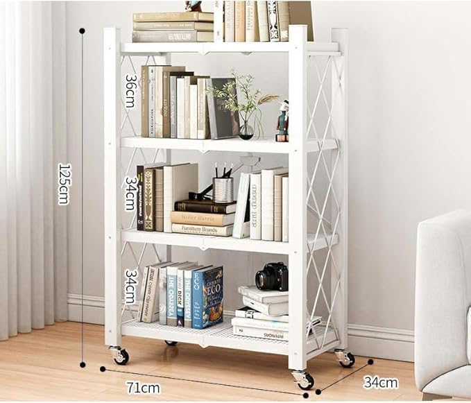 4-Tire Storage Rack, 28 * 13 * 50in Foldable Metal Garage Storage Shelves Organizer, Portable Metal Kitchen Shelving, Closet Shelving Unit Bakers Rack Microwave Stand, White(Tiered Shelf-4)