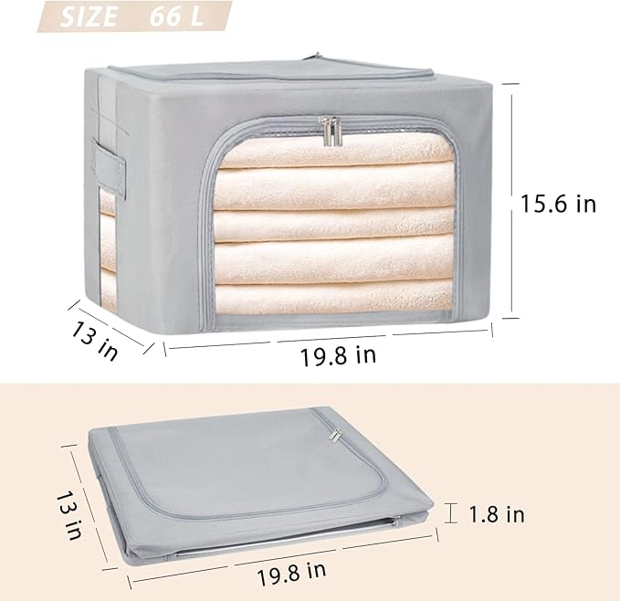 Clothes Storage Box Bins Stackable Foldable Organizer,Sturdy Handles with Metal Frame for Clothing Bedding Shelves,Closet Container with Clear Window Zipper and Label Holder (Gray, 66L x3 Pack)