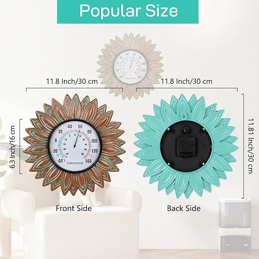 Sunflower Outdoor Thermometers, No Need Battery Indoor Themometer, 12" Metal Wall Thermometer with Large Number Easy to Read for Patio Room Decor