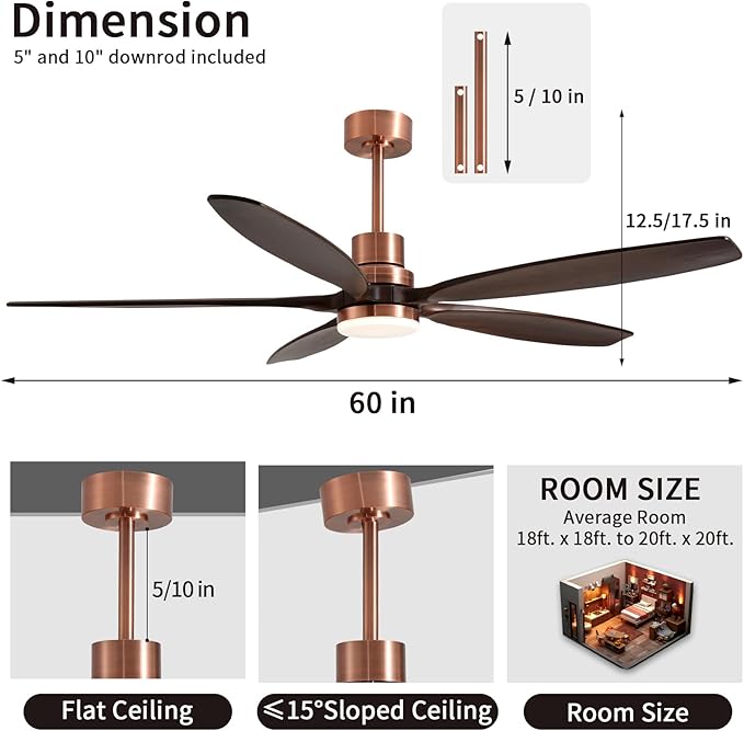 60" Ceiling Fan with Light and Remote,Reversible DC Motor,6Speed,Modern Natural Wood Ceiling Fan with Dimmable LED for Outdoor Patios Bedroom Living Room,Black Walnut and Red Brass