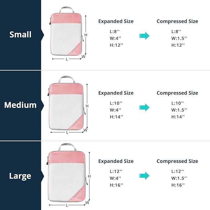 Compression Packing Cubes 3 Set, Compressible Space-Saving Packing Cubes for Travel - Compression Bags, Luggage Organizer, Travel Essentials for Women, Pink