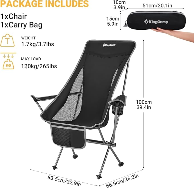 KingCamp Compact Camping Chair with Armrest Ultralight High Back Backpacking Chairs for Adults Lightweight Folding Chair Heavy Duty Support 265 Lbs Portable for Traveling, Lawn, Festival, Black