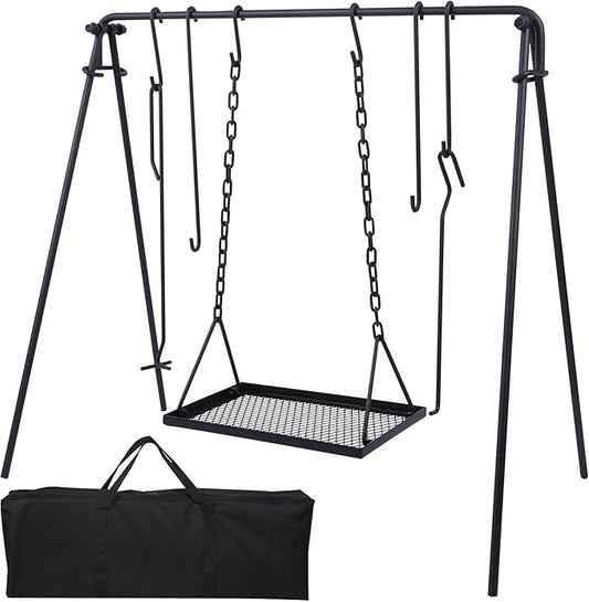 REDCAMP Swing Outdoor Campfire Grill Stand - Collapsible Campfire Cooking Rack with 6 Hooks & Iron Grill Grate, Portable Dutch Oven Hanger for Camping, Hiking, Cookware, Bonfire, Rectangle