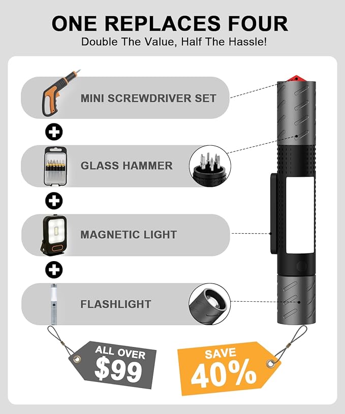 Rechargeable Flashlight High Lumens 2Packs-Super Bright Magnetic LED Flashlights with Screwdriver Set,Window Glass Breaker,COB Flash Light,7 Modes,Zoomable,Waterproof for Emergency Camping Car Repair
