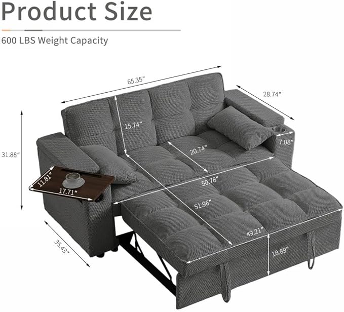 65.35" 3-in-1 Folding Sofa Bed with Pull-Out Mattress, Velvet & Sherpa Upholstery, Adjustable Backrest, Side Table – Modern for Small Spaces, Apartment, Living Room (Dark Grey)