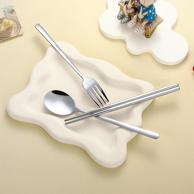 DEVICO Travel Utensils with Case Cute, Reusable Silverware for Lunch, Portable Cutlery Set, 18/8 Stainless Steel Fork Spoon Chopsticks in Cartoon Case, Dishwasher Safe (White)