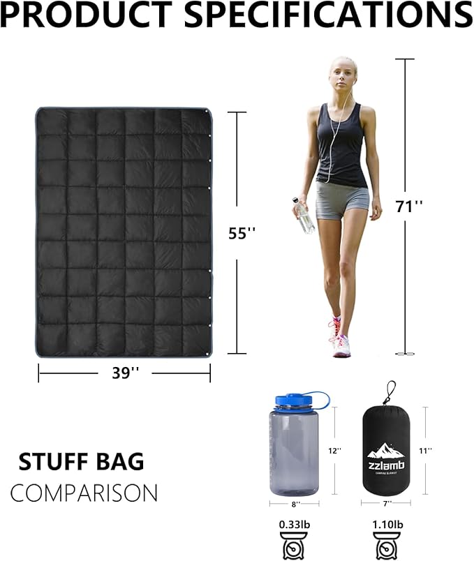 zzlamb Camping Blanket, Compact Lightweight Soft Puffy Blanket Water-Repellent, Packable Warm Quilt Down Alternative Picnic Hiking Backpacking Beach Travel RV Airplane Couch Car