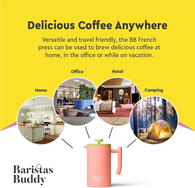 Cute Pink French Press Coffee Maker - Colorful, Retro And Stylish Insulated Coffee Brewer - Large Size Brews 4 Cups