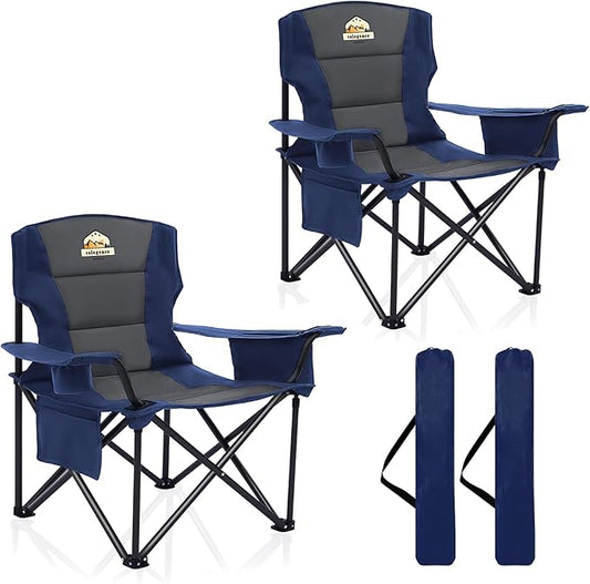 Oversized Camping Chairs 2 Pack - 450lbs Support Heavy Duty Folding Camp Chair Wide Portable Outside Collapsible Chairs with Carry Bag,Cooler,Cup Holder for Outdoor,Lawn,Sports,Baseball,Soccer-Navy
