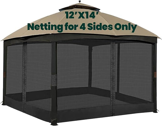 Gazebo Universal Replacement Mosquito Netting, Upgrade 12' x 14' Outdoor Canopy Net Screen 4-Panel Sidewall Curtain, with Zippers, Easy to Install, Fit for Most Gazebo 12x14 Canopy, Black