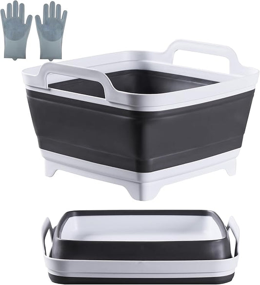 10L Collapsible Wash Basin with Drain Plug (2.6 Gal) – Foldable Portable Sink for Camping, RV, Vegetable Washing – Multi-Use Dish Pan, Ice Beverage Tub, Gray – Pair of Silicone Gloves for Free