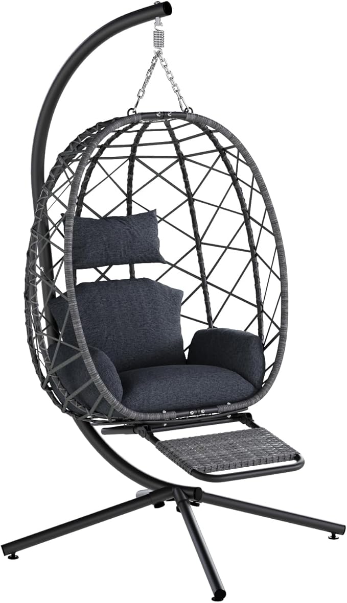 SWITTE Hanging Egg Chair with Stand, Outdoor Swing Egg Chair with Footrest, Patio Hammock Chair with Cushion for Garden Backyard-Dark Grey