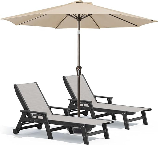 SERWALL Textilene Patio Chaise Lounge Chair Set of 2 with 9FT Patio Umbrella, 5 Positions Outdoor Lounger with Rolling Wheels for Pool, Deck, Black