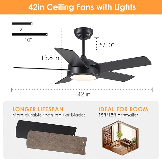 42" Black Ceiling Fans with Lights - Modern Low Profile Ceiling Fan with Lights and Remote Control, 5 Dual-Sided Blades, Reversible DC Motor, Ceiling Fan for Indoor and Outdoor