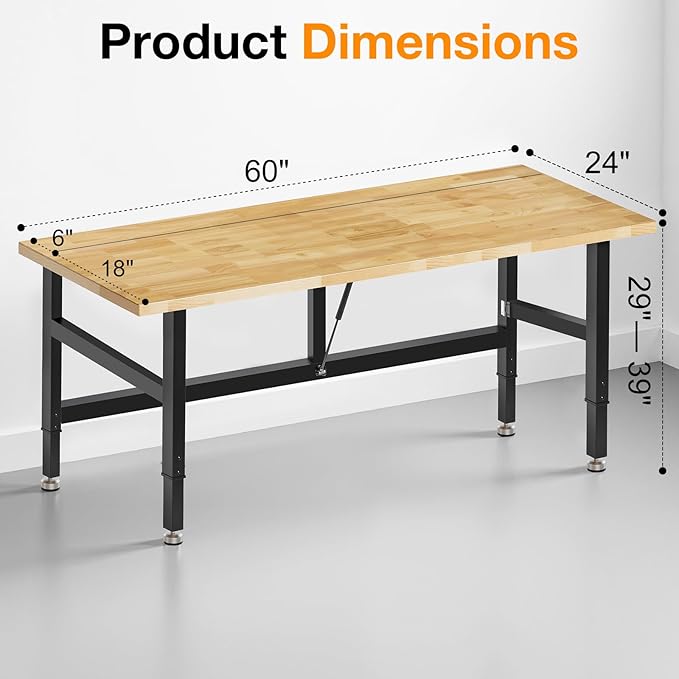 60” Folding Workbench, 2000 LBS Capacity Heavy Duty Workbench, Height Adjustable Foldable Work Table, Rubberwood Collapsible Desk for Workshop, Garage, Office, Home