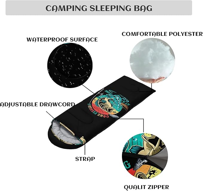 Sleeping Bags for Adults and Kids，3D Printing Camping Sleeping Bag for Girls Boys Lightweight Waterproof Cold/Warm 3-Season，Outdoor Travel with Compression Bags