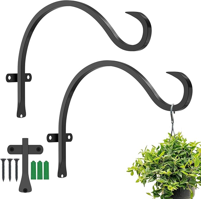 GameXcel Hanging Plant Bracket, 2PCS 12in Large Plant Hangers Outdoor Indoor Heavy-Duty Metal Wall Plant Hooks Plant Hanger with Screws for Home Decor Bird Feeders Lanterns Wind Chimes Decorative