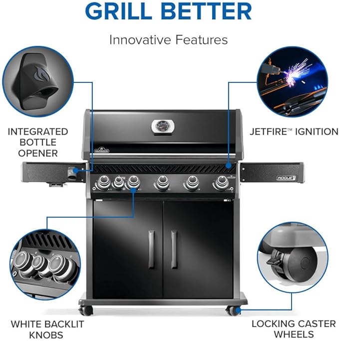 Napoleon Rogue PRO 625 Natural Gas Grill with Infrared Side Burner, Black, Durable 6-Burner Cooking Power