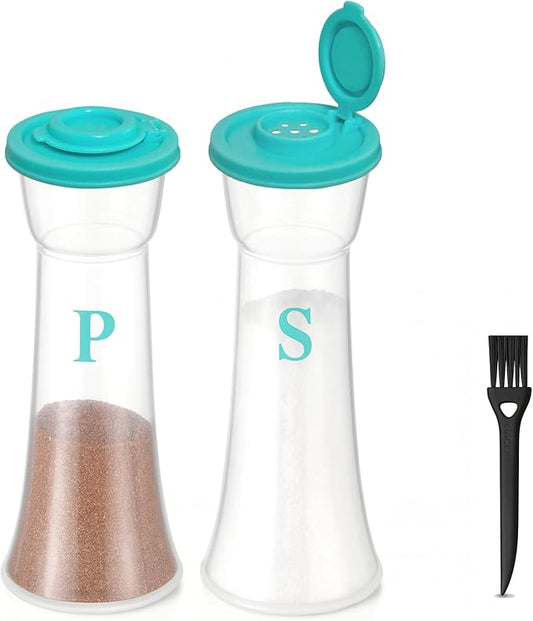 Set of 2 Clear Salt and Pepper Shakers, Plastic Spice Jars with Colorful Lids, Leakproof Moisture-Proof for Home Kitchen Restaurant, Camping, Travel, Picnic (Light Green)