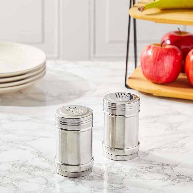 2 oz Stainless Steel Metal Salt and Pepper Shakers Set for Kitchen, Dinner Table, Cooking, Travel, Refillable, Perforated "S" and "P" Caps (3.5 in)