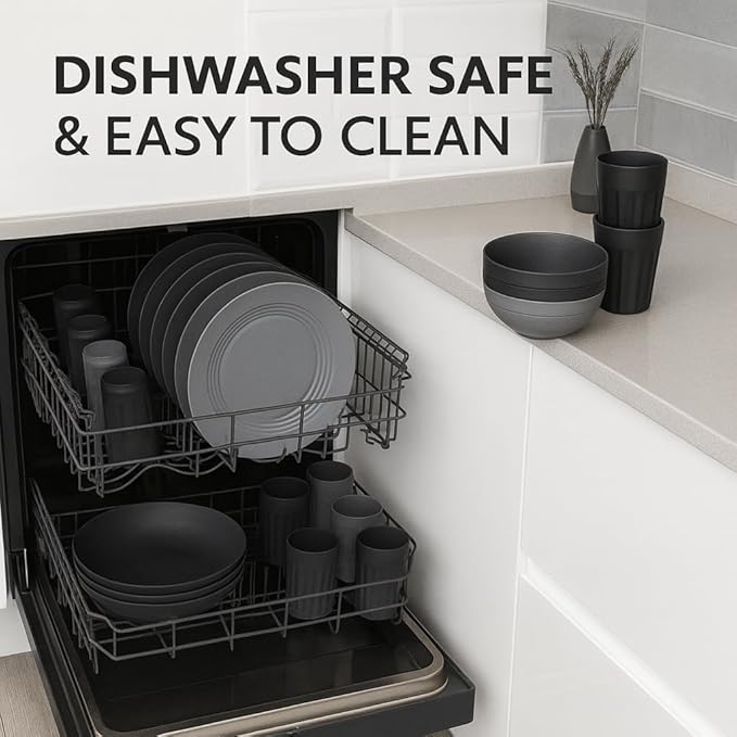 Fern & Soul Wheat Straw Dinnerware Sets, Dish Set for 8, 24 pcs with Storage Bag. Unbreakable, Dishwasher Safe, Kitchen Plates Bowls Sets, College Dorm, RV Camping Dishes Plate Set (Charcoal)