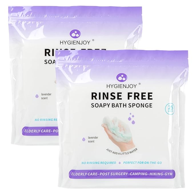 HYGIENJOY-21% Larger,Rinse Free Bath Sponges for Adults-Disposable No Rinse Bathing Wipes,Soap Infused,Extra Thick and Dry Shower Wipes for Elderly,Camping,Post Surgery Must Haves, (Lavender 2 pack)