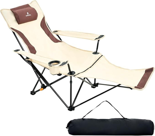 Reclining Camping Chair 4-Position Adjustable, Lightweight Folding Lounge Beach Chair for Adults with Removable Footrest & Headrest, Cup Holder & Storage Pouch for Outdoor(330lbs Capacity), Beige