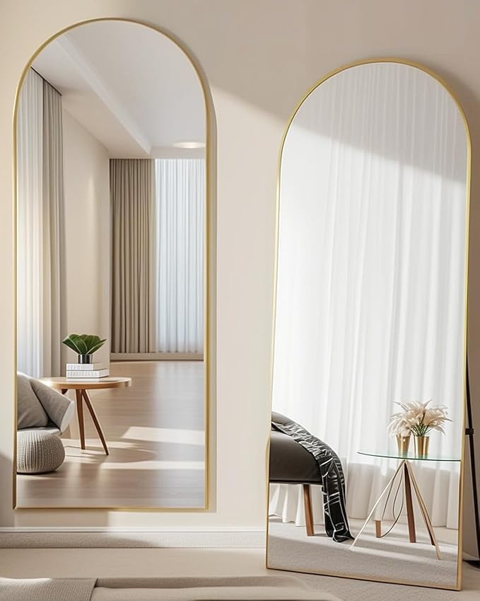 Arched Full Length Mirror77 x38 Full Body Floor Mirror Standing Hanging or Leaning Wall, Arch Wall Mirror with Stand Aluminum Alloy Frame for Bedroom Cloakroom Gold