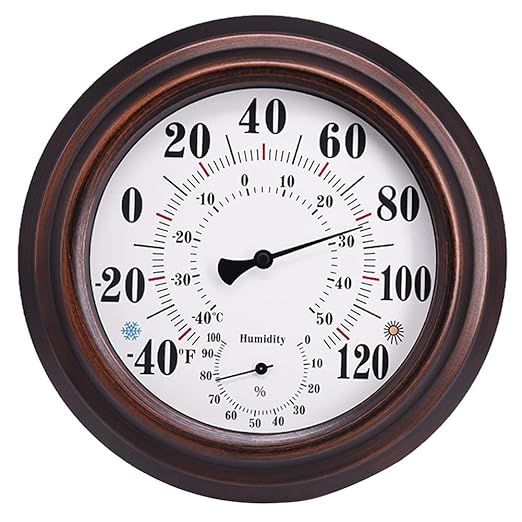 Indoor Outdoor Thermometer - Premium Steel Wall Thermometer Hygrometer for Patio, Wall or Decorative, No Battery Required Hanging Thermometer 8" Round Diameter (Bronze)