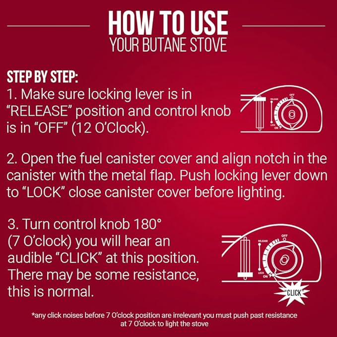 Portable Butane Camping Stove COMBO, Piezo Ignition Wind-Guard 7,650 BTU Portable Stove Burner w/ 4 x 8oz. Butane Fuel Canister for Emergencies, Hiking & Outdoor Camping Essential by Chef Master 90027