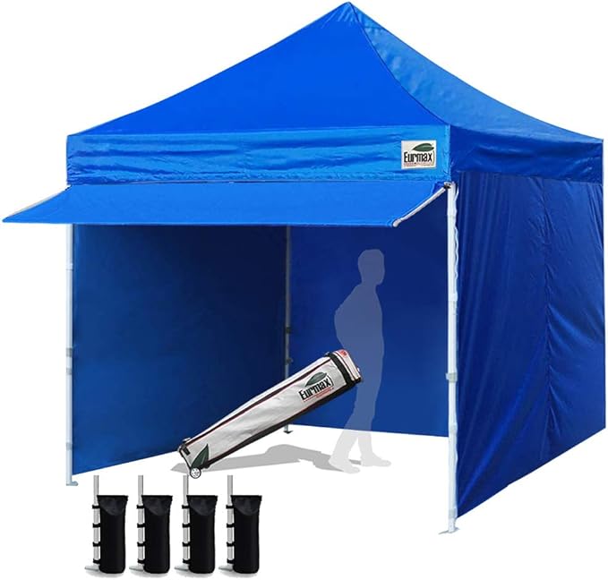 Eurmax USA 10 x 10 Pop up Canopy Commercial Tent Outdoor Party Canopies with 4 Removable Zippered Sidewalls and Roller Bag Bonus 4 Canopy Sand Bags & 24 Squre Ft Extended Awning(Blue)