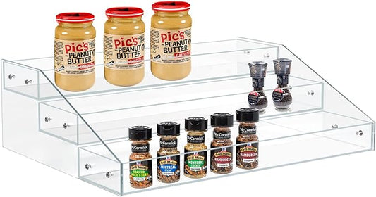 PMMASTO Widen Tiered Spice Rack, Seasoning Organizer, Clear Acrylic Vertical Shelves Can Organizer for Countertop, Cabinet, Pantry, Kitchen Organization and Storage - 3 Tier