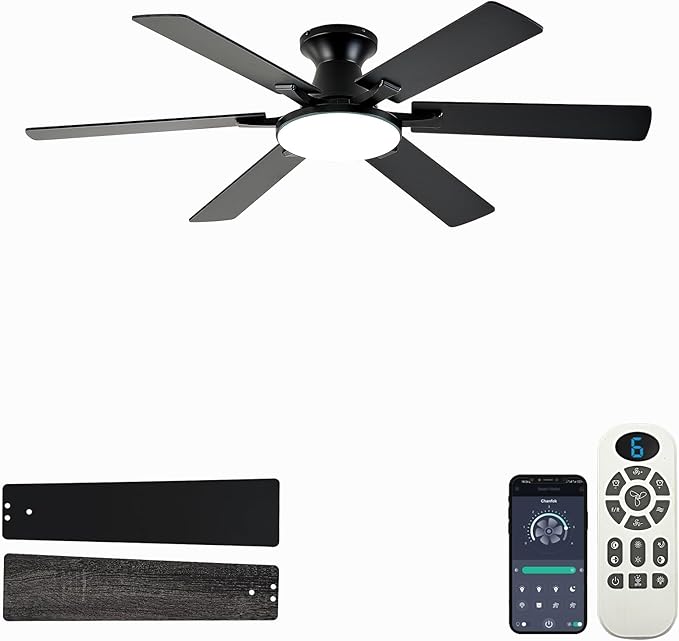 Ceiling Fans with Lights,54 Inch Low Profile Ceiling Fan with Light and Remote Control,6 Speeds/6 Blade,Flush Mount,LED Dimmable DC Reversible Modern, Black Ceiling Fan for Bedroom/Living Room