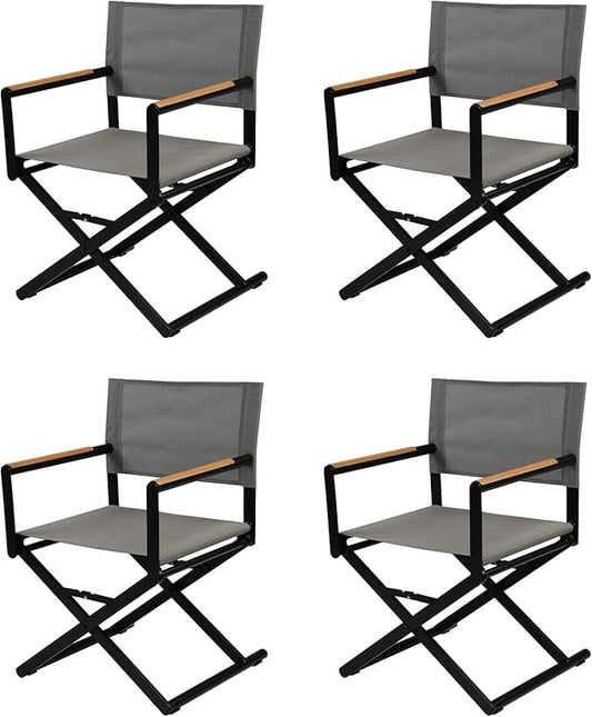 Grand patio Extra-Wide 4-Pack Directors Chairs, Folding Dining Chair Set of 4 with Sling, Woodgrain Armrests, Outdoor, Gray