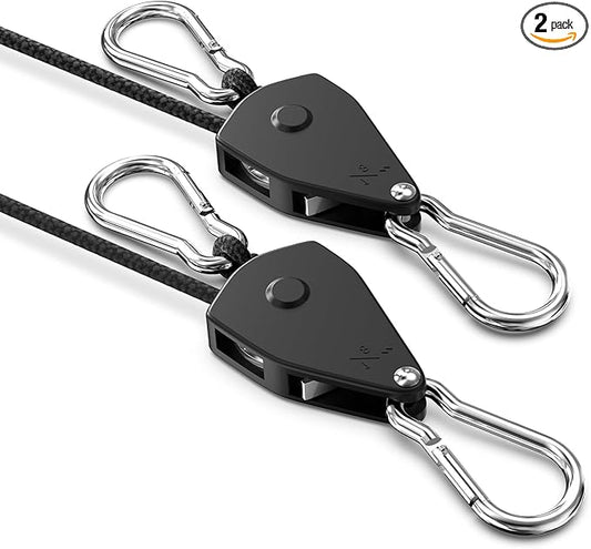 VIPARSPECTRA Retractable Heavy Duty Ratchet Tie Down Straps [2 Pack, 8ft, 75lbs/Pack], Rope Pulley System with Carabiner Hook for Hanging Plants/Grow Light/Tents Various Tie-Down Uses
