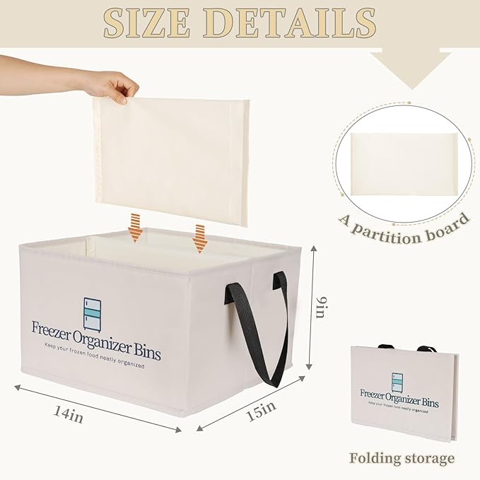 Freezer Organizer Bins, 2 Pack Collapsible Deep Freezer Organizer Bins for 15"x14"x9", freezer Storage Bins with Removable Dividers, Handles (Light Grey, 2 Pack)